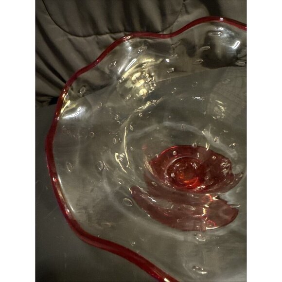 Art Glass Ruffled Compote Candy Bowl Clear Controlled Bubbles 5x8x8” Vintage Red - Picture 12 of 16